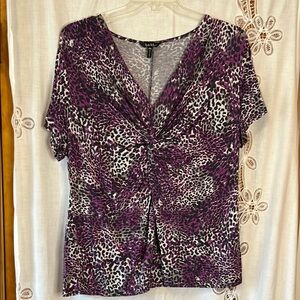 Nicole Miller Size XXL Purple and White Leopard Tie Front Short Sleeve Blouse